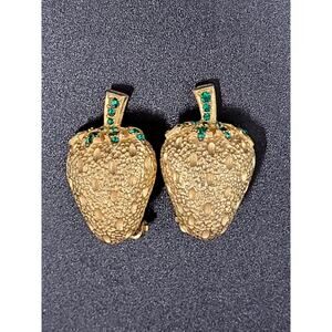 Bellini Strawberry Earrings Clip On Gold Green Vintage 50s 60s Rhinestone READ